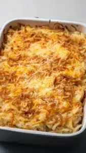 French Onion Funeral Potatoes casserole baked until golden and bubbly.