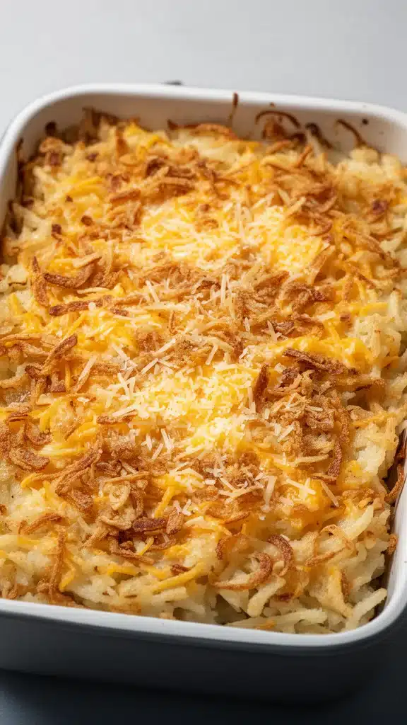 French Onion Funeral Potatoes casserole baked until golden and bubbly.