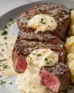 Delicious garlic butter steak topped with creamy Parmesan sauce
