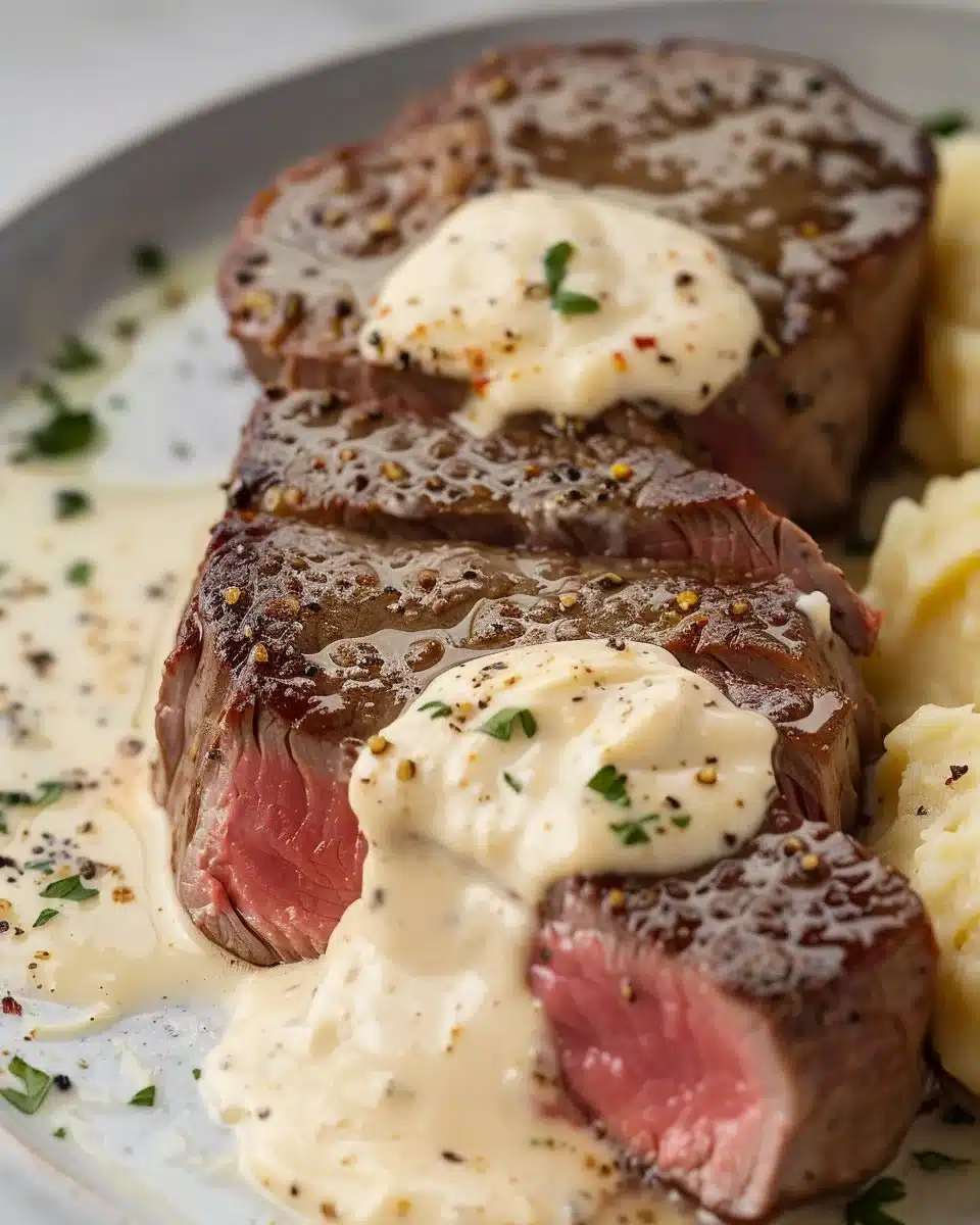 Delicious garlic butter steak topped with creamy Parmesan sauce
