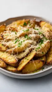 Crispy Garlic Parmesan Potato Wedges served on a plate