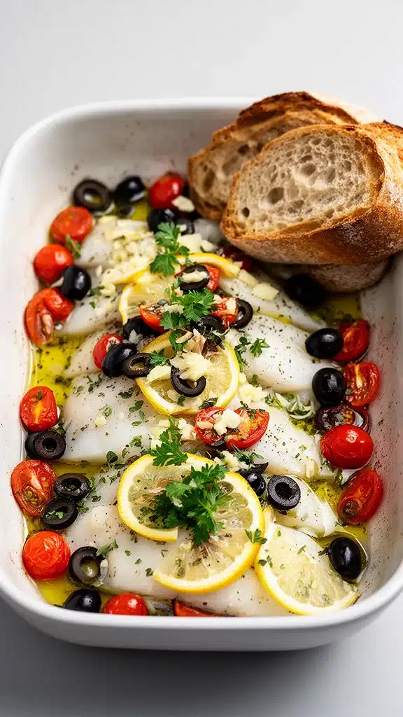 Mediterranean baked fish seasoned with herbs and served with vegetables