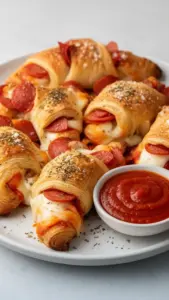 Mozzarella Pepperoni Croissant Rolls on a rustic wooden table