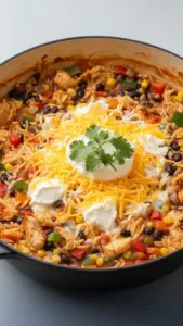 One-Pot Cheesy Southwest Chicken & Rice dish with creamy sauce and vibrant spices
