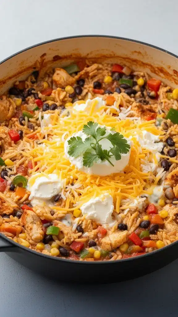 One-Pot Cheesy Southwest Chicken & Rice dish with creamy sauce and vibrant spices