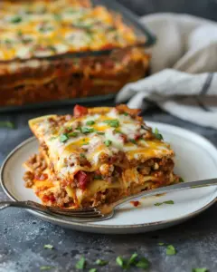Delicious Parmesan Garlic Bacon Cheeseburger Lasagna served on a plate.