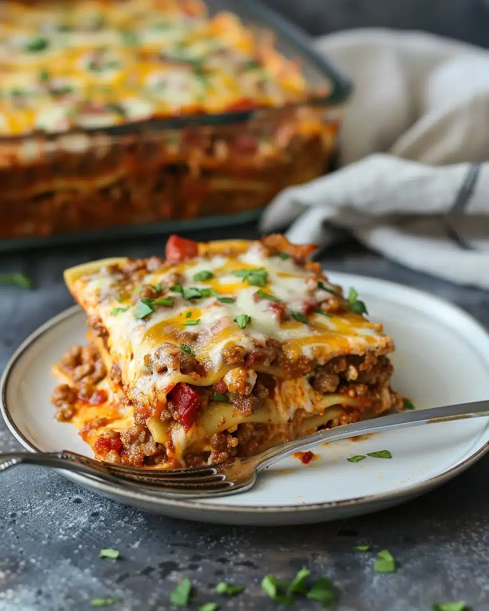 Delicious Parmesan Garlic Bacon Cheeseburger Lasagna served on a plate.