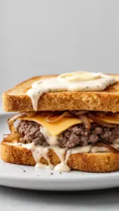 Delicious homemade patty melt with beef and melted cheese on grilled bread