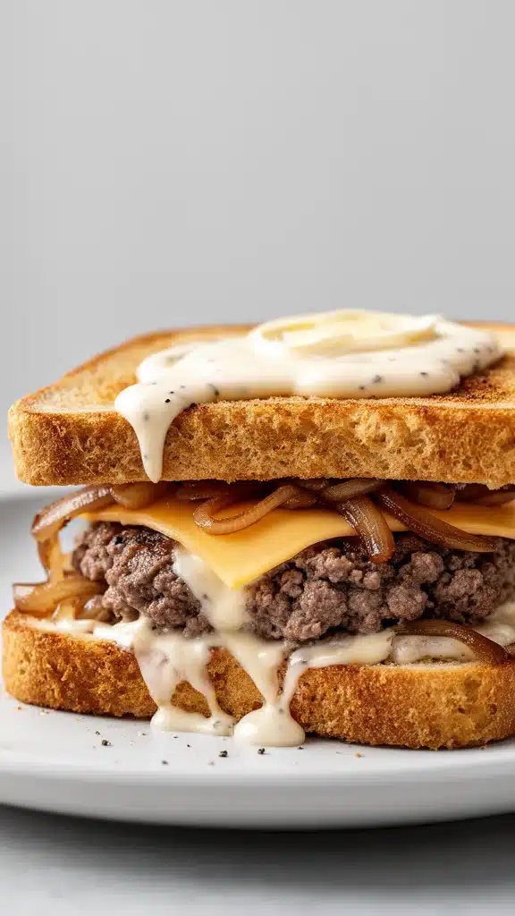 Delicious homemade patty melt with beef and melted cheese on grilled bread