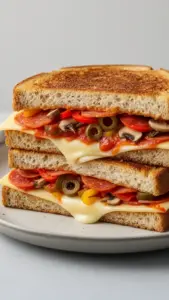 Delicious Pizza Grilled Cheese sandwich with gooey cheese and pizza toppings.