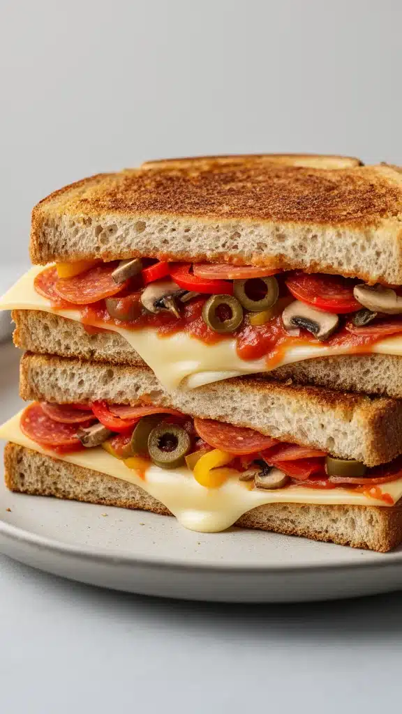 Delicious Pizza Grilled Cheese sandwich with gooey cheese and pizza toppings.