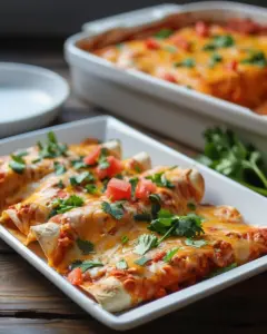 Plate of quick and easy enchiladas topped with cheese and fresh cilantro.