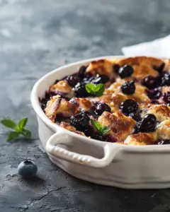 Delicious quick blueberry french toast casserole ready to serve.