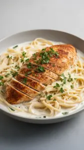 Savory Cajun Chicken served with creamy garlic parmesan linguine