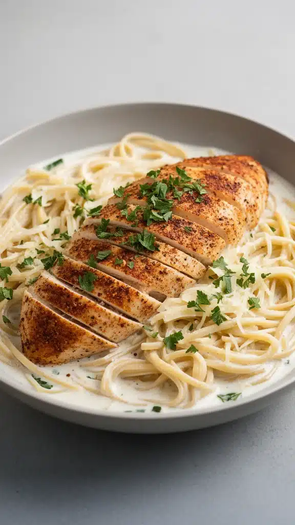 Savory Cajun Chicken served with creamy garlic parmesan linguine
