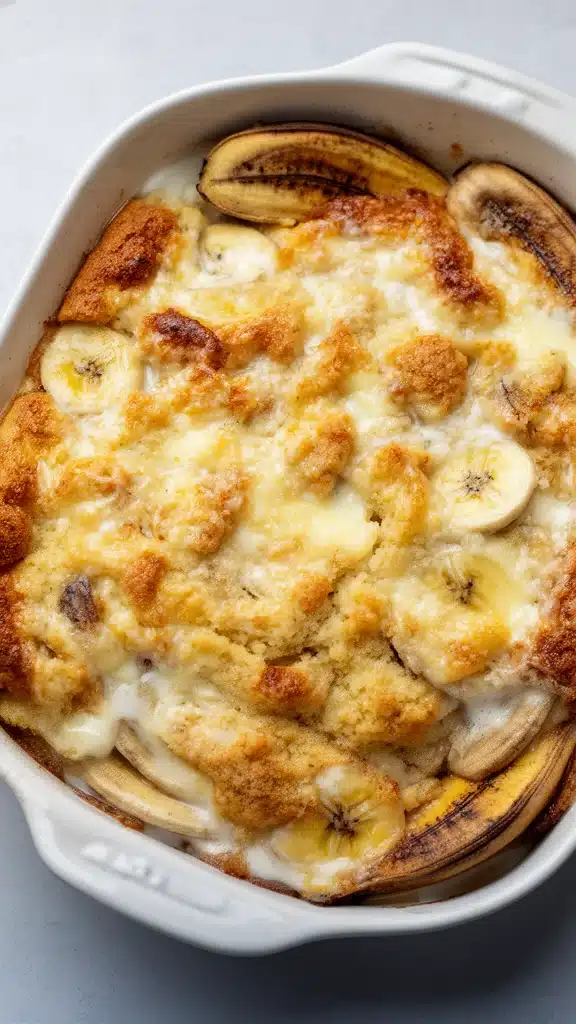 Delicious Southern banana cobbler served in a rustic dish.