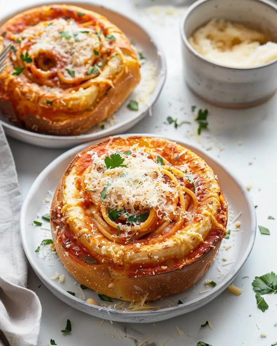 Spaghetti Garlic Bread Bowls with fresh herbs and cheese