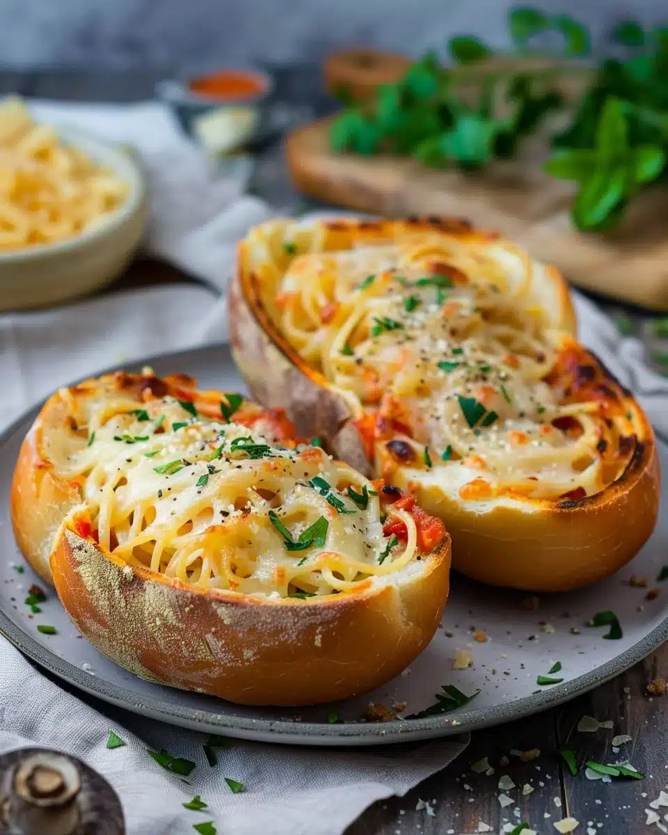 Spaghetti Garlic Bread Bowls