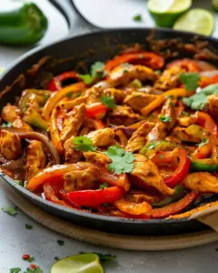 Easy chicken fajitas served with vibrant bell peppers and onions on a plate.