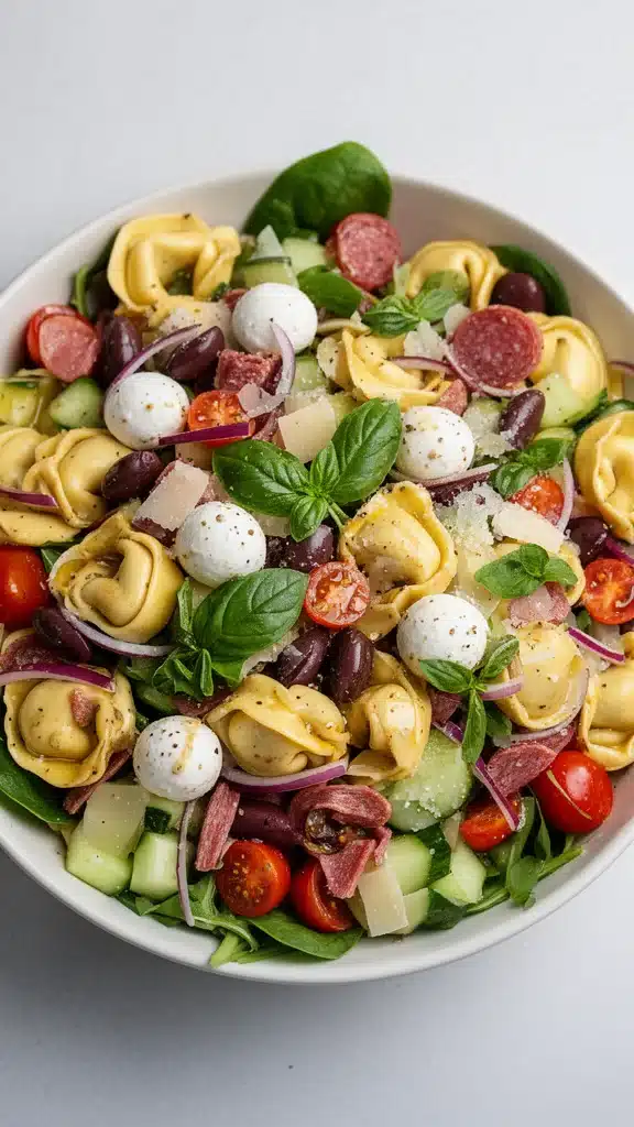 Colorful Tortellini Pasta Salad with fresh vegetables and dressing