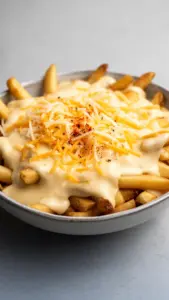 Creamy ultimate cheese sauce drizzled over crispy fries